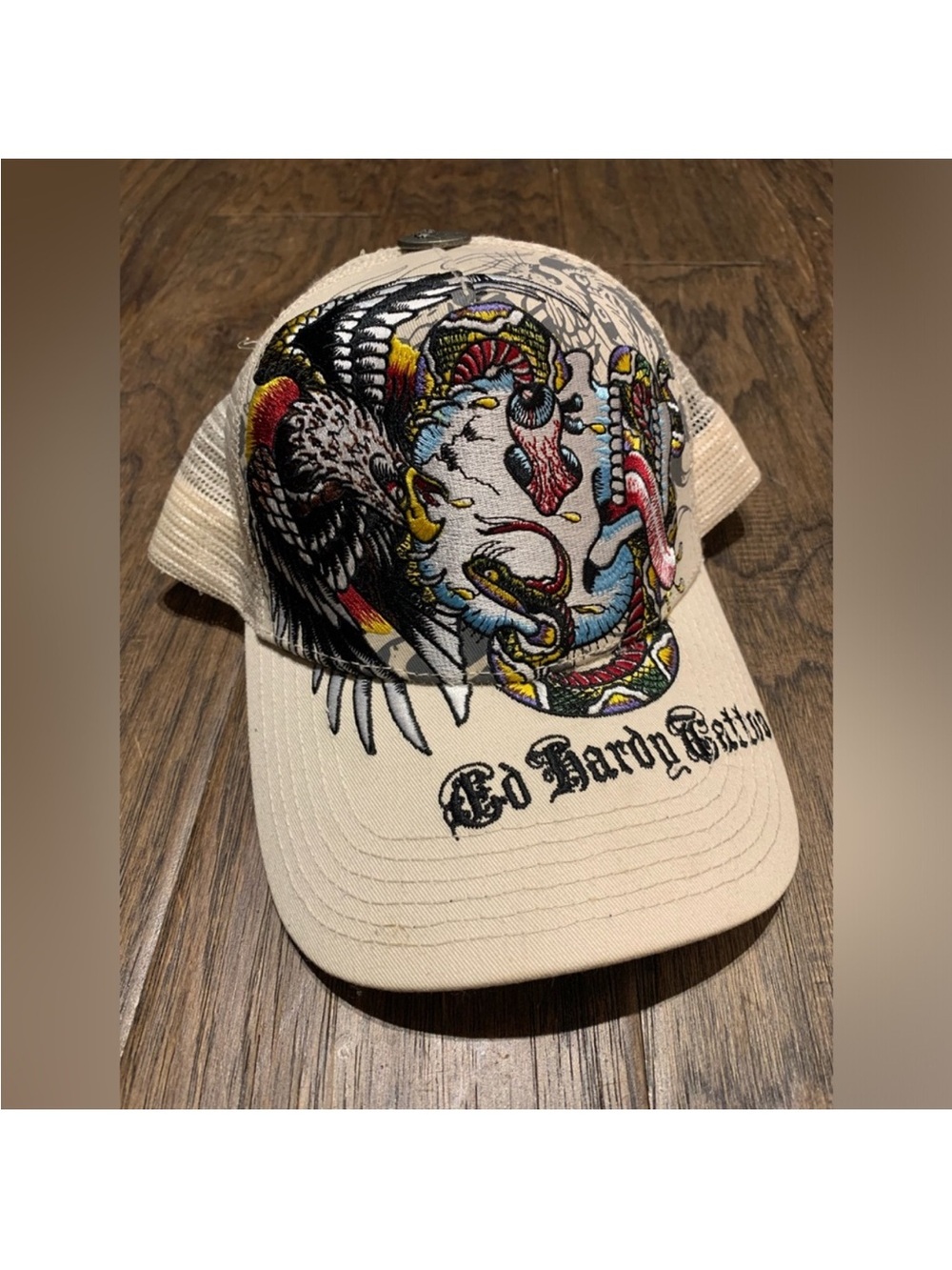 Ed Hardy Cream Embroidered Trucker Hat with Snake & Vulture Motif
